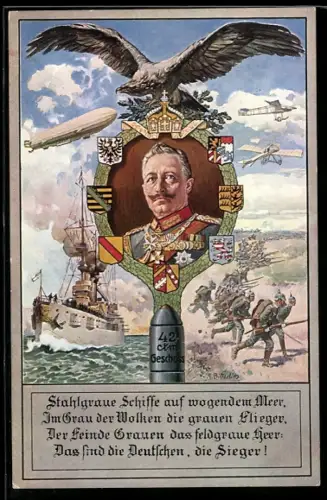 AK Portrait von Kaiser Wilhelm II. mit Zeppelin