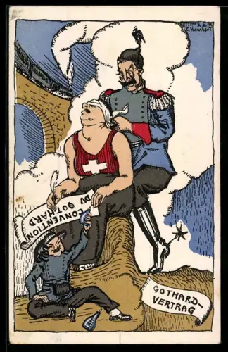AK Schweiz, Gotthard Vertrag, Kaiser Wilhelm II. knebelt Helvetia, Karikatur