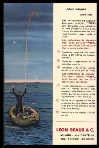 AK Milano, Cartouches de Signalisation Leon Beaux & C., Luftbootfahrer mit abgefeuerter Signalrakete, Anleitung, Reklame