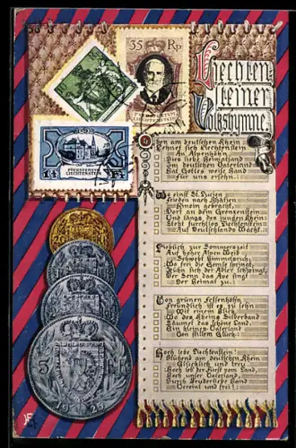 AK Liechtenstein, Münz-Geld, Briefmarken und Volkshymne