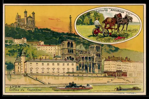 AK Lyon, Colline de Fourvières, Machines Agricole Amouroux, Schiffe vor Ortspanorama mit Funkturm