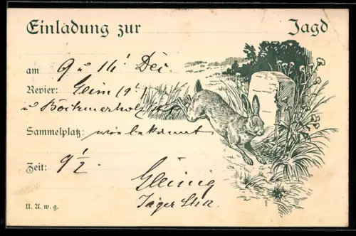 AK Flüchtender Hase an einem Grenzstein, Einladung zur Jagd