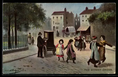 Künstler-AK The Street Organ, Leierkastenspieler u. tanzende Kinder auf einer Strasse