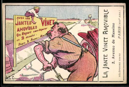 AK Schwitzender Autofahrer beim Reifenaufpumpen sieht Reklameschild La Jante Vinet Amovible, Paris
