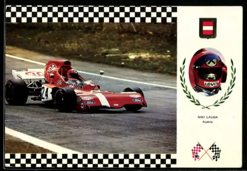 AK Niki Lauda im Ford beim Autorennen, Österr. Fahne, Portrait im Helm, Lorbeerkranz, Gran Prix