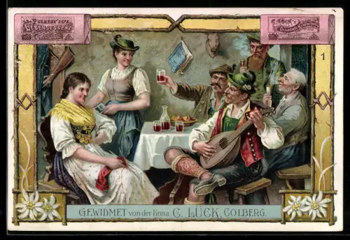 AK Colberg, Trachtenrunde mit Mandoline beim Wein u. Likör, Reklame C. Lück Lebensessenz, Kräuterhonig etc.