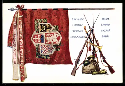AK Plukovní Prapor P. Pl. 4, Prokopa Velikého, 1917 - 1937, Tschechische Regimentsflagge