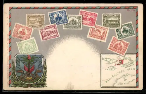 AK Briefmarken aus Haiti mit Landkarte