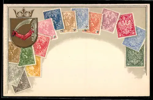 AK Briefmarken und Wappen Bosniens, Krone, Ritter mit Schwert