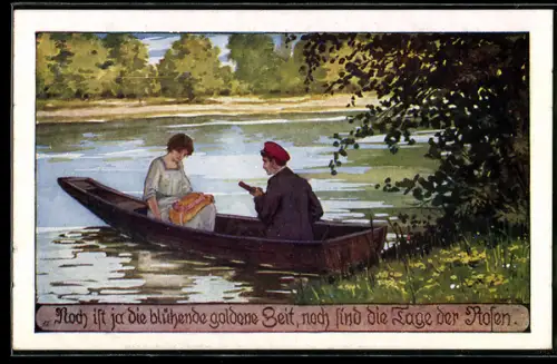 Künstler-AK Ernst Kutzer: Noch ist ja die blühende goldene Zeit, Paar in einem Boot