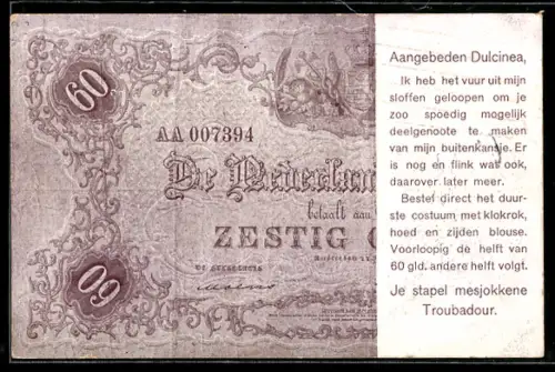 AK Aangebeden Dulcinea, De Nederlandsche Bank betaalt 60 Gulden..., Je stapel mesjokkene Troubadour