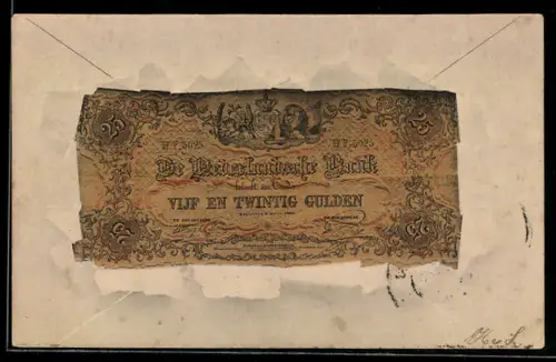 AK Nederlandsche Bank, Ausgefranster Geldschein 25 Gulden im geöffneten Umschlag, Zahlungsversprechen