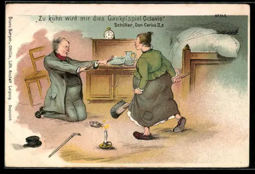 Künstler-AK Bruno Bürger & Ottillie Nr. 849: Szene aus Schillers Don Carlos, Mann kniet vor einer wütenden Frau