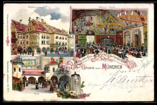 AK München, Oberer Saal und Hof des Hofbräuhauses
