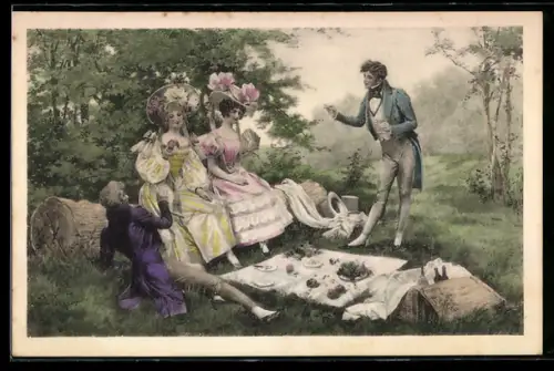 Künstler-AK M. Munk Nr.152: Zwei Paare beim Picknick im Wald