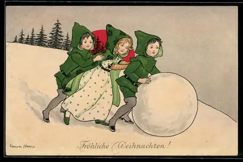 Künstler-AK Florence Hardy: Mädchen und zwei Jungen mit einem Schneeball, Weihnachtsgruss