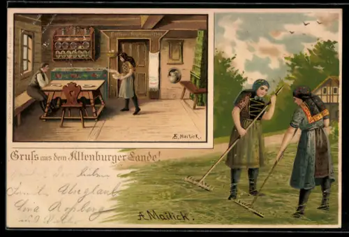 Künstler-AK Alfred Mailick: Menschen in thüringischer Tracht beim Heumachen & Essen