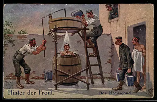 Künstler-AK Arthur Thiele: Hinter der Front, Soldaten beim Brausebad