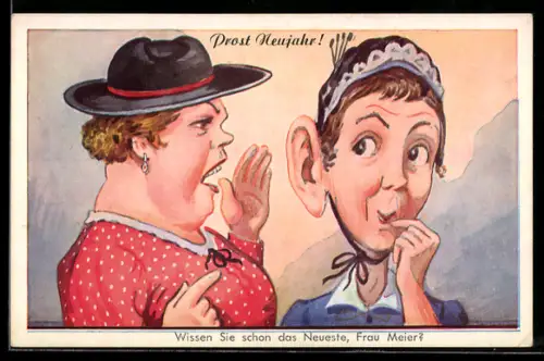AK Frau flüstert anderer Frau was ins grosse Ohr, frauenfeindlicher Humor