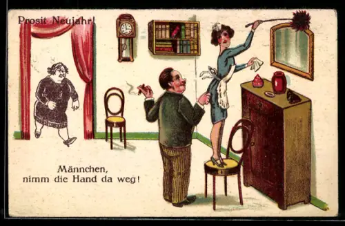 AK Frau mit Staubwedel und Herr mit Zigarre, Neujahrgruss