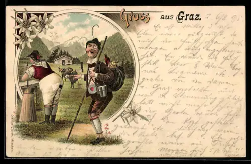 Vorläufer-AK Wanderer zeigt auf dicke Frau, 1895, Im Hintergrund Kühe auf der Weide