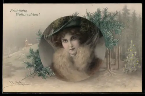 Künstler-AK Wichera: Schöne junge Dame und Tannengrün
