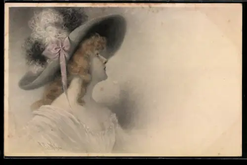 Künstler-AK Wichera: Junge Frau mit opulentem Hut