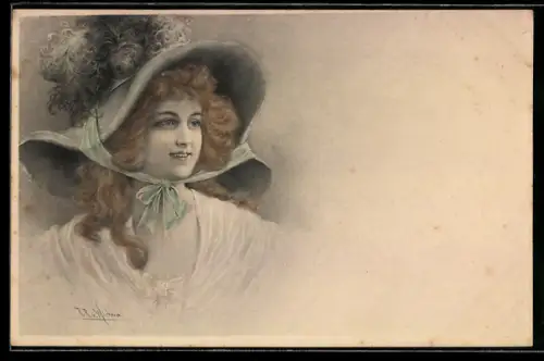 Künstler-AK Wichera: blondes Mädchen mit grossem Hut