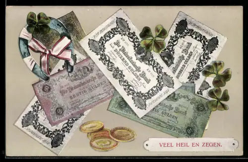 AK Niederländische Banknoten und Münzen, Kleeblatt mit Hufeisen