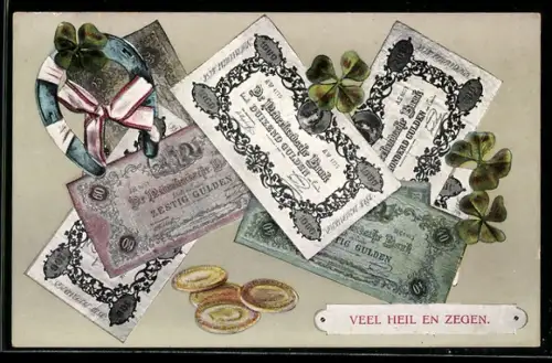 AK Niederländische Banknoten und Münzen, Kleeblatt mit Hufeisen