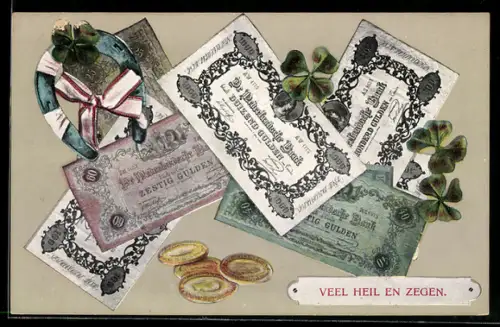 AK Niederländische Banknoten und Münzen, Kleeblatt mit Hufeisen