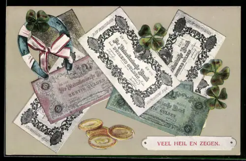 AK Niederländische Banknoten und Münzen, Kleeblatt mit Hufeisen