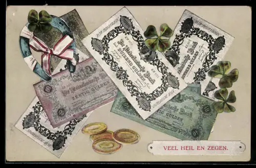 AK Niederländische Banknoten und Münzen, Kleeblatt mit Hufeisen
