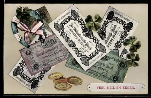AK Niederländische Banknoten und Münzen, Kleeblatt mit Hufeisen