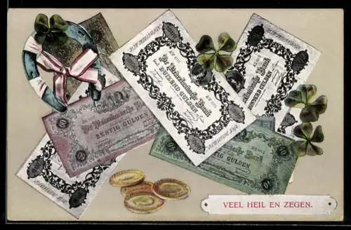 AK Niederländische Banknoten und Münzen, Kleeblatt mit Hufeisen