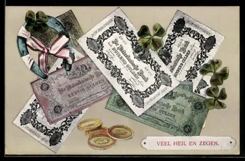 AK Niederländische Banknoten und Münzen, Kleeblatt mit Hufeisen