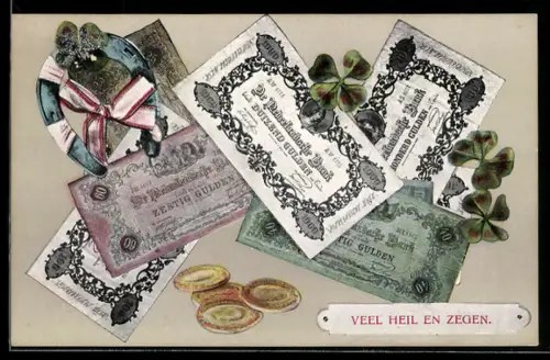 AK Niederländische Banknoten und Münzen, Kleeblatt mit Hufeisen