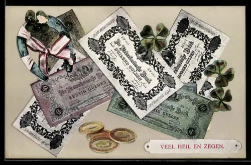 AK Niederländische Banknoten und Münzen, Kleeblatt mit Hufeisen