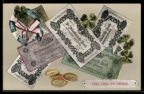 AK Niederländische Banknoten und Münzen, Kleeblatt mit Hufeisen