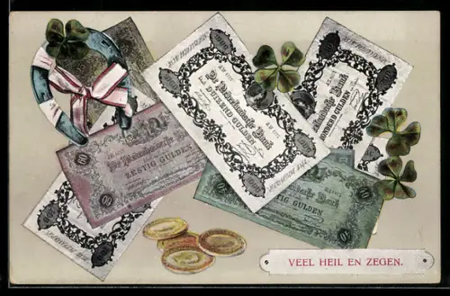 AK Niederländische Banknoten und Münzen, Kleeblatt mit Hufeisen