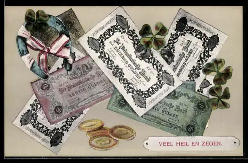 AK Niederländische Banknoten und Münzen, Kleeblatt mit Hufeisen