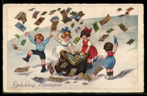 AK Kinder lassen Geldscheine fliegen