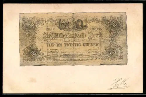 AK Vijf en Twintig Gulden, De Nederlandsche Bank, leicht angekokelter Geldschein