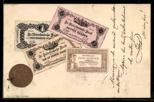 AK Niederländisches Geld: Gulden mit Goldmünze