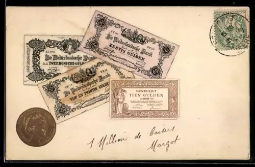 AK Niederländisches Geld: Gulden mit Goldmünze