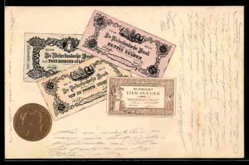 AK Niederländisches Geld: Gulden mit Goldmünze