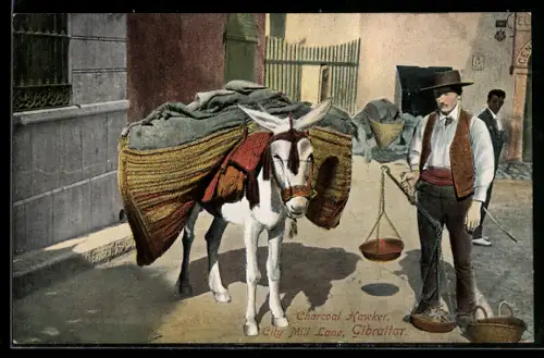 AK Gibraltar, City Mill Lane, Charcoal Hawker, Holzkohlehändler mit Waage und Esel