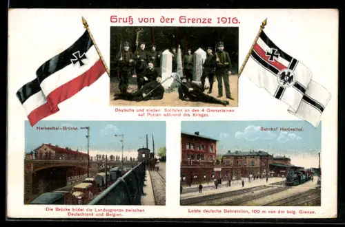 AK Herbesthal, Grenze, deutsche und niederl. Soldaten an den Grenzsteinen, Bahnhof Herbesthal, die Brücke, Fahnen