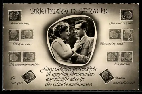 AK Briefmarkensprache, Paar vor einem Kuss