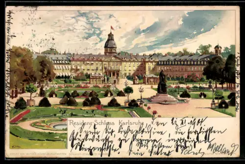 Künstler-AK Heinrich Kley: Karlsruhe, Blick zum Residenz-Schloss